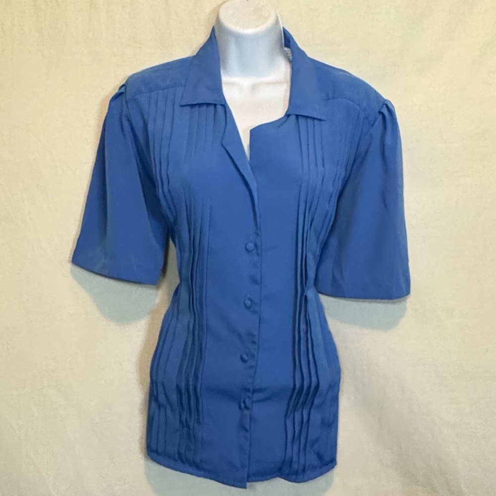 G-102 Yves St. Clair PLUS SIZE 14 Vintage Blue Pleated Short Sleeve Blouse
